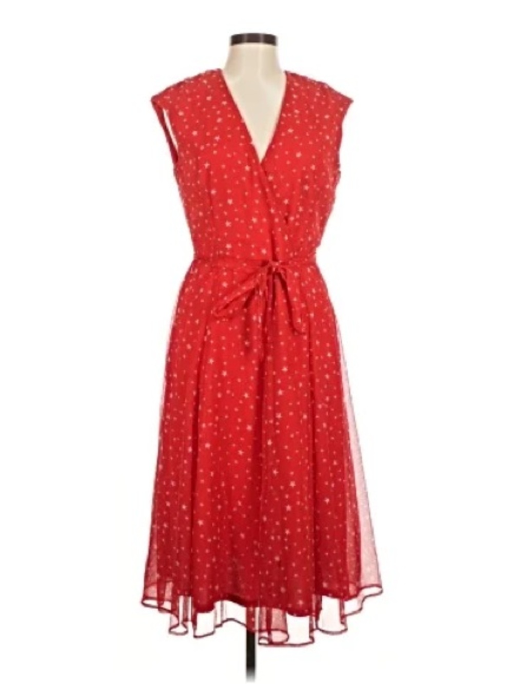 Red Sleeveless Faux-Wrap Midi Dress with Stars